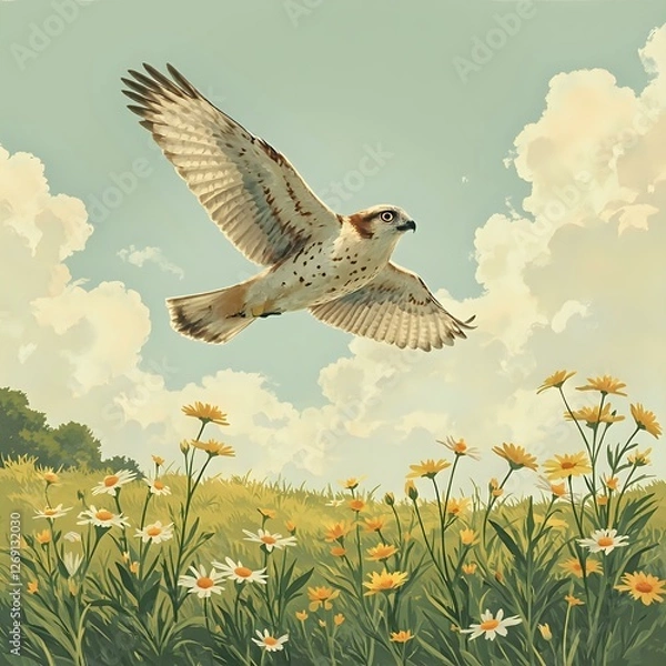 Obraz A digital painting depicts a bird in flight over a field of flowers, with a clear blue sky and fluffy white clouds in the background.