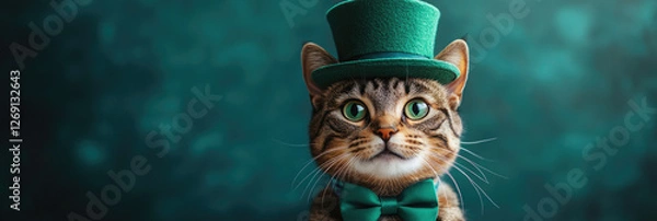 Fototapeta Cute cat in a leprechaun hat on a green background. Saint Patrick's Day theme concept. Banner. Copy space. Mock up