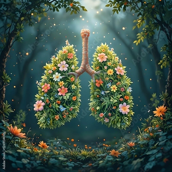 Obraz A digital illustration portrays a pair of lungs fashioned from foliage, surrounded by a lush, verdant forest with flowers and trees.