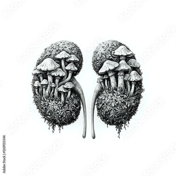 Fototapeta The image is a black and white illustration featuring a pair of kidneys with mushrooms growing on them.