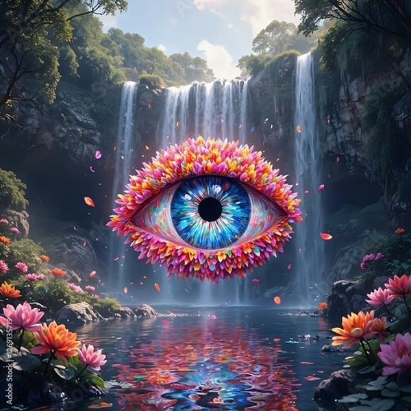 Fototapeta The image presents a surreal scene featuring a stylized eye within a flower-adorned, vibrant eye, set against a backdrop of a waterfall and lush foliage.