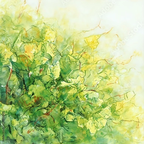 Obraz The image is a vibrant painting that showcases a lush, green plant with yellow flowers or leaves, rendered in a loose, fluid style with visible brushstrokes.
