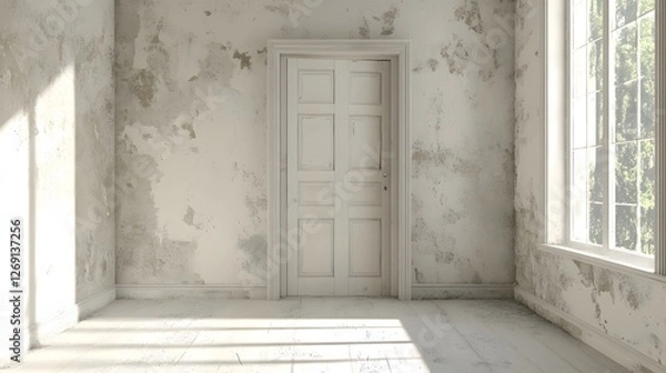 Fototapeta empty room with damaged walls and white door