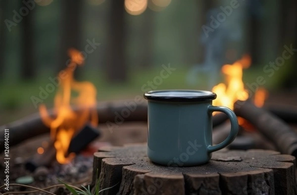 Fototapeta Outdoor recreation. Cup of coffee is on log next to fire. Fire is orange and yellow, and cup with drink is blue. Scene is cozy and warm, fire creates feeling of comfort.