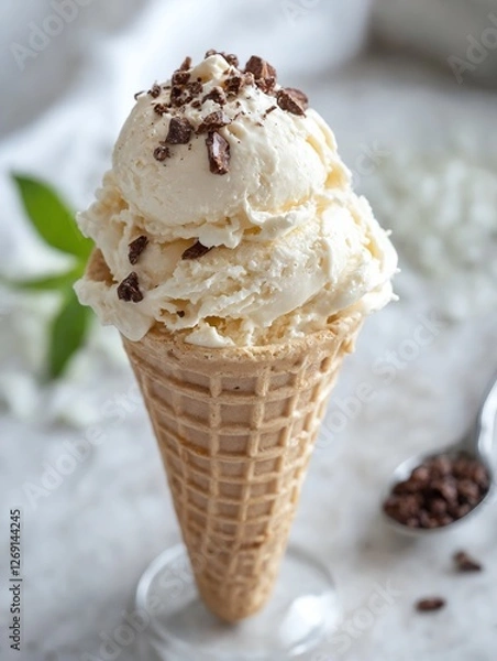 Obraz Un helado cremoso de vainilla en un cono, decorado con chispas de chocolate, sobre un fondo claro y suave.