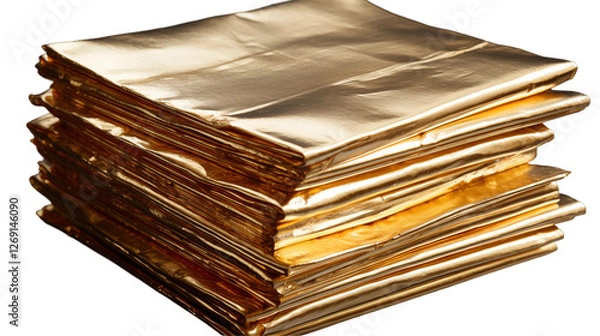 Fototapeta Golden Sheets Stack Elegant Metal Foil Texture, Shiny Luxury Background Design, isolated on transparent background.
