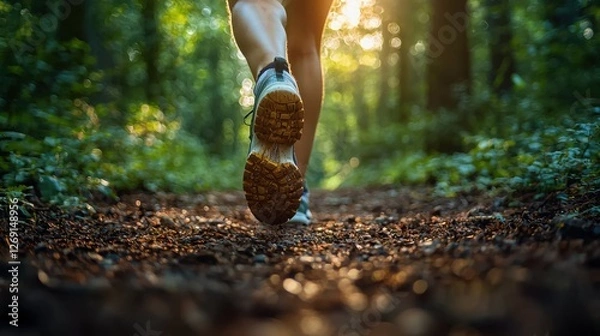 Fototapeta A person running on a trail in a lush forest during sunset. The focus is on their legs and shoes, capturing the essence of outdoor fitness.