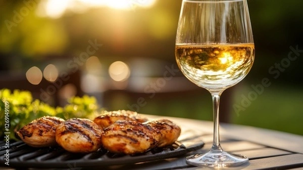 Fototapeta Grilled chicken and a glass of white wine in a serene outdoor setting at sunset.