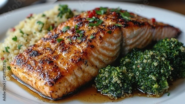 Fototapeta A beautifully plated dish featuring grilled salmon fillet, alongside quinoa and fresh broccoli. The meal looks flavorful and healthy.