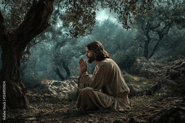 Fototapeta Jesus Christ praying in the garden of Gethsemane. Generative AI