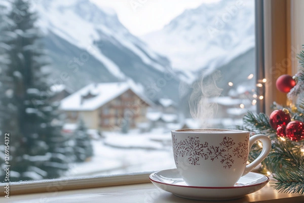 Fototapeta Steaming cup by a window overlooking snowy mountains. Perfect for winter holidays and cozy atmosphere themes.