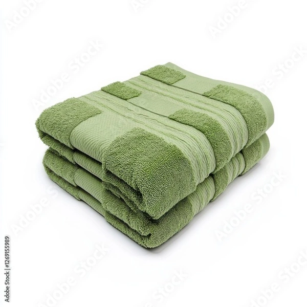 Fototapeta A neatly folded set of soft green towels stacked together, showcasing their plush texture and striped design on a white background.