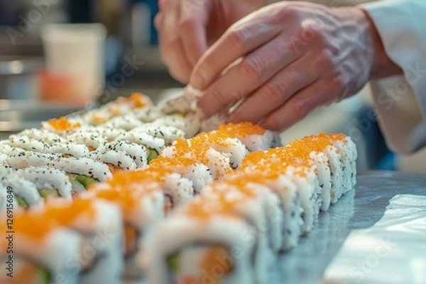 Fototapeta A close-up of a chef's hands preparing sushi