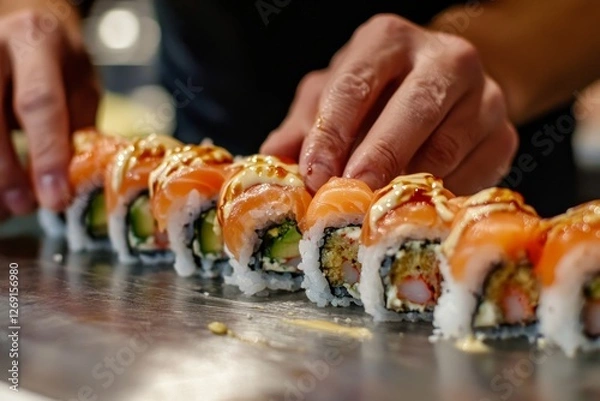 Fototapeta A close-up of a chef's hands preparing sushi