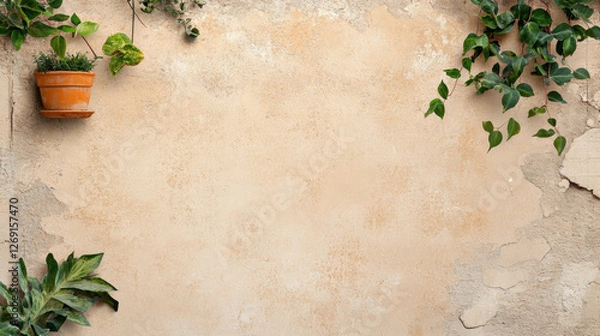 Fototapeta Bohemian background, A textured wall adorned with greenery, showcasing a potted plant and trailing vines.