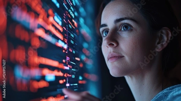 Fototapeta A focused woman examines digital data on a screen, illuminated by vibrant codes and patterns, symbolizing technology and analysis.
