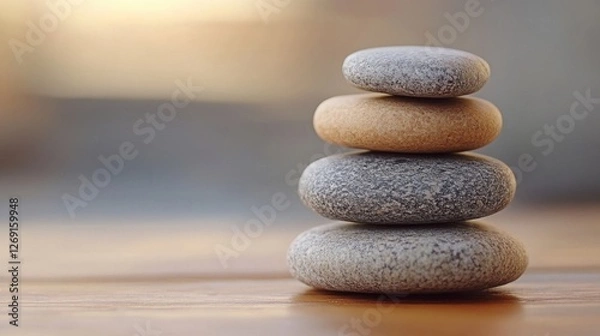 Fototapeta Balanced Stack of Gray and Brown Stones on Wooden Surface