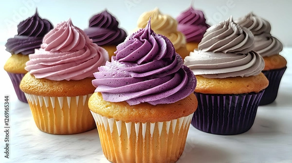 Fototapeta Assortment Of Cupcakes With Multicolored Frosting