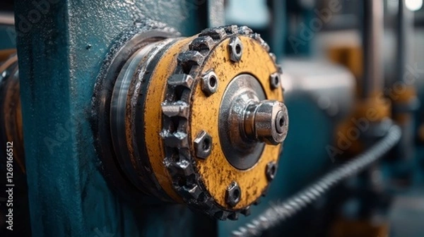 Obraz Close-up of Industrial Feeder Component with Gears and Metallic Textures in a Manufacturing Environment