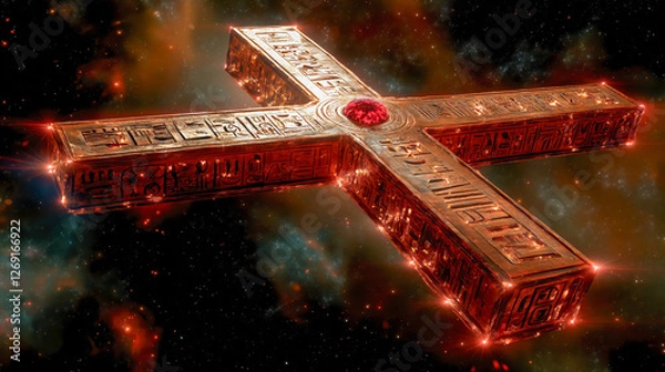 Fototapeta Ancient artifact in the void of space, adorned with engravings and a central red gem.