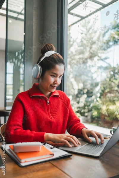 Obraz Smiling woman wearing headphones, working on a laptop in a bright, modern cafe with large windows and greenery outside.