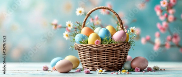 Fototapeta Easter eggs in a basket with flowers 