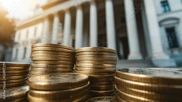 Fototapeta Stacked Coins in Front of a Government Building Representing Economic Growth, Interest Rates, and Fiscal Policy Decisions