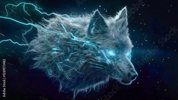 Fototapeta Futuristic wolf with cybernetic implants glowing with blue light in the darkness.