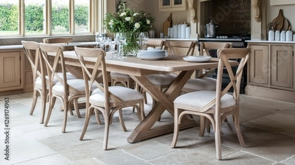 Fototapeta A stylish and practical dining table with sturdy chairs, set in a spacious modern kitchen.