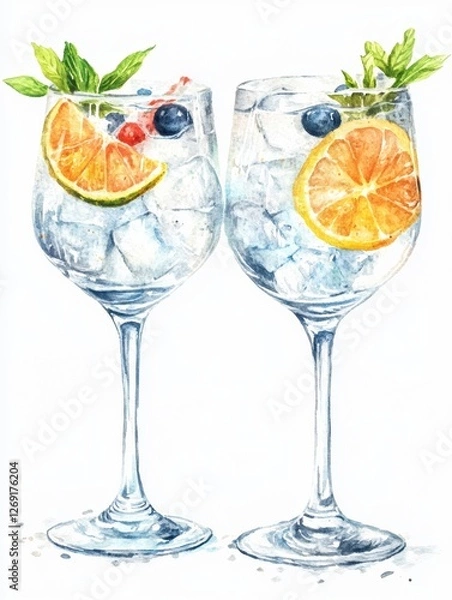 Obraz set of two glasses of Gin and tonic alcoholic drink watercolor illustration png isolated on a transparent background, cocktail clipart.