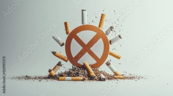 Fototapeta Representation of anti-smoking campaign with crushed cigarette butts and a prohibition symbol