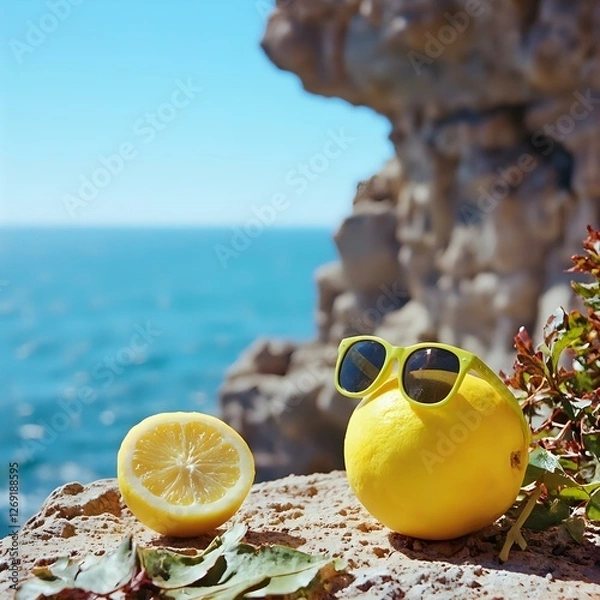 Obraz An image featuring a lemon in sunglasses and a halved lemon on a rock near the ocean with a rocky cliff in the background.