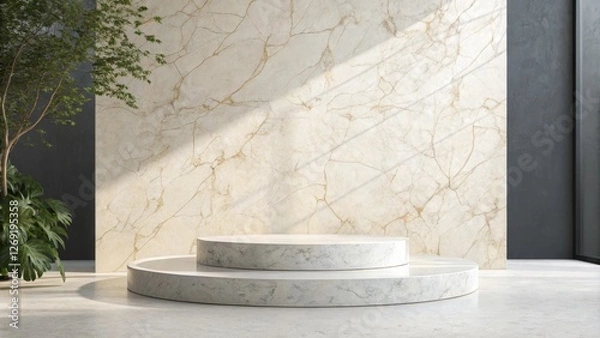 Fototapeta Two-Tiered Marble Podium with Plant and Marble Wall, Minimalist Product Display, Mockup, 3D Render Product display, Mockup