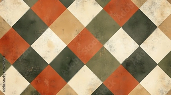 Fototapeta Abstract vintage diamond tile pattern in terracotta, olive green, and cream tones with rustic and weathered textures, symbolizing timeless charm