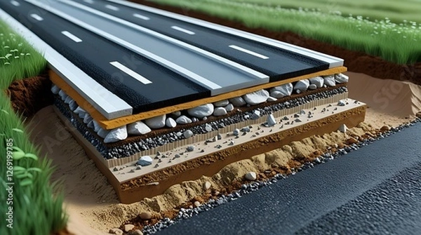 Fototapeta 3D Cross-Sectional Illustration of a Modern Roadway Structure with Detailed Underground Layers – Asphalt Surface, Gravel Base, Compacted Soil, Drainage System, and Engineering Design for Durability