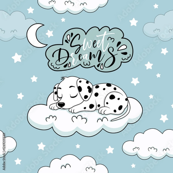 Fototapeta Cute Dalmatian puppy is sleeping on the cloud. Good night seamless pattern. Sweet dreams. Children's blue pattern with little dog and stars.