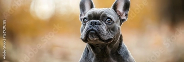 Fototapeta Confident French Bulldog Standing with Chest Out in Autumn Background