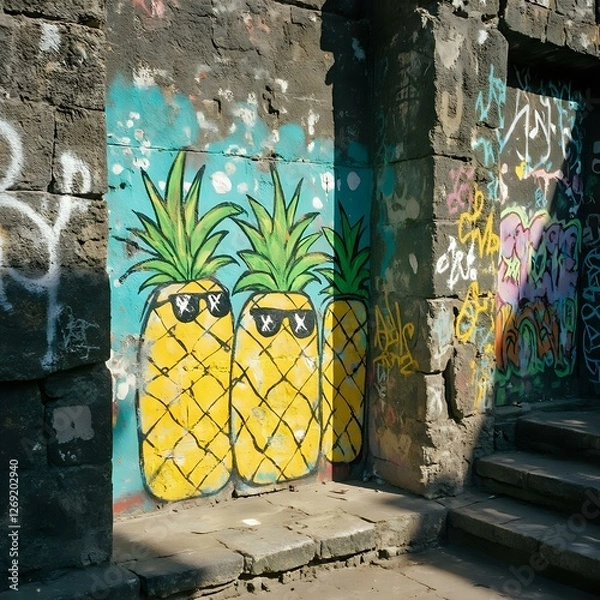 Fototapeta A vibrant graffiti mural adorns a wall, featuring three stylized pineapple figures with sunglasses against a backdrop of colorful graffiti.