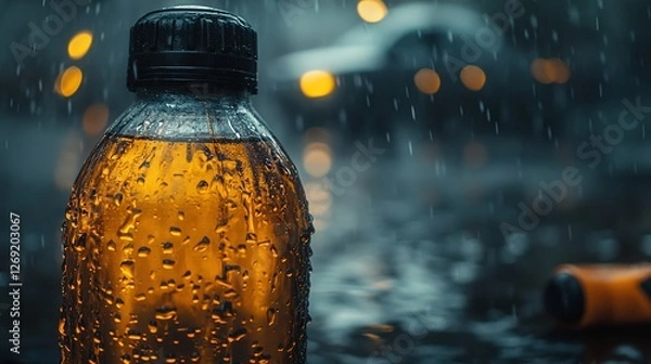 Fototapeta Raindrops cascading over a condensation-covered bottle in a wet urban setting during a gloomy afternoon