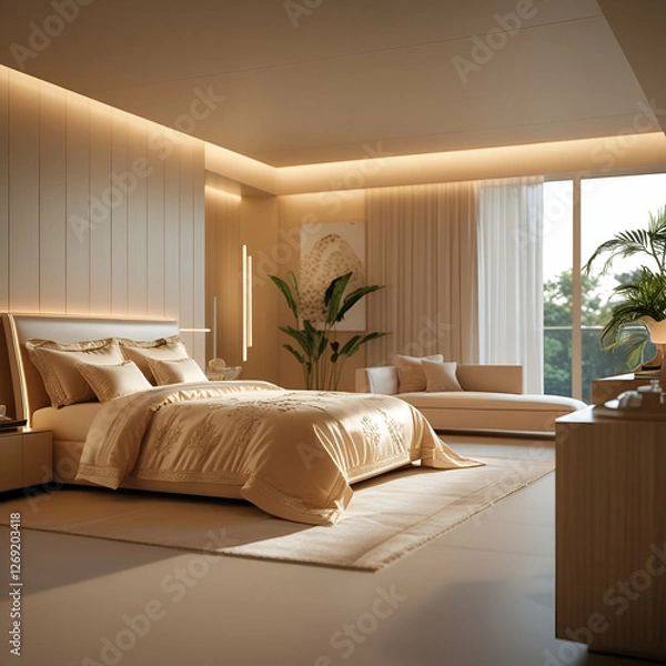Fototapeta A luxurious modern bedroom with soft ambient lighting, plush bedding, and sleek furniture in warm beige tones q2