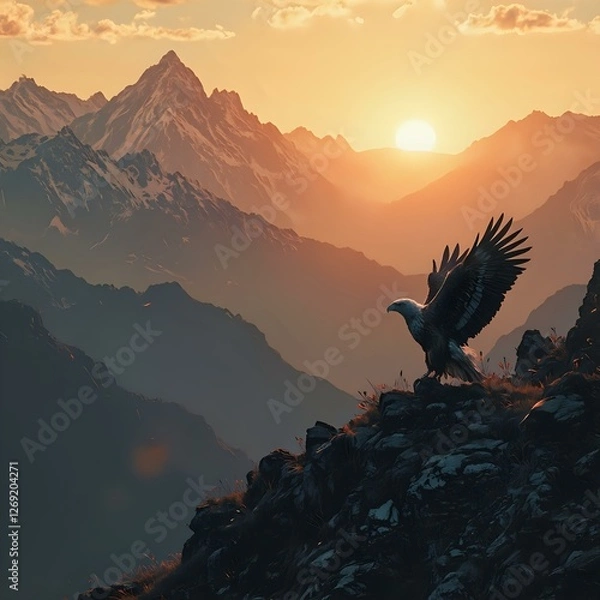 Obraz The image captures a majestic eagle in flight against a backdrop of snow-capped mountains at sunset, its wings spread wide.