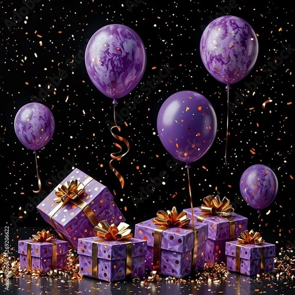 Obraz The image showcases a festive scene with purple gift boxes adorned with gold polka dots and bows, floating amidst purple balloons with gold confetti falling around them against a dark backdrop.