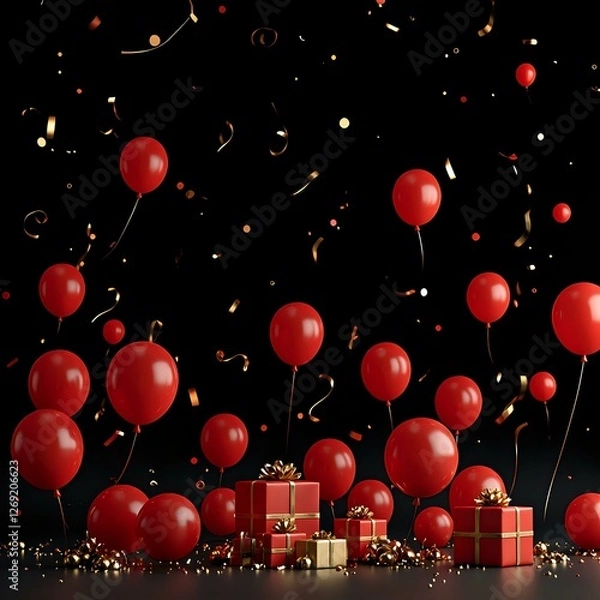 Obraz A festive scene with numerous red balloons floating against a black background, surrounded by gold confetti, and a few wrapped gifts.