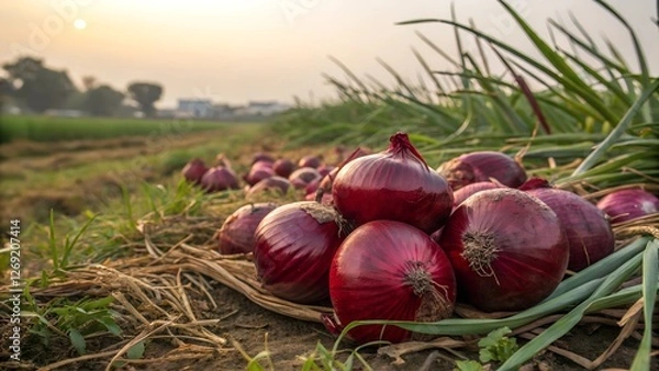 Obraz Red Onion Harvest: A close-up shot of plump red onions resting on the ground in a field, bathed in the warm glow of the setting sun.  The onions are arranged in a beautiful and enticing display.