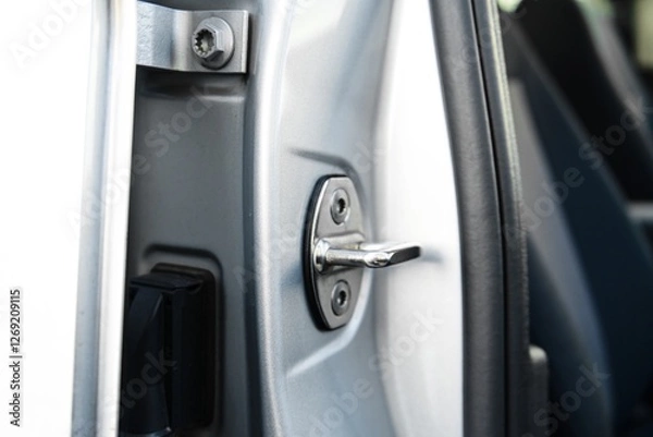 Fototapeta Close-up of a car door lock and handle mechanism