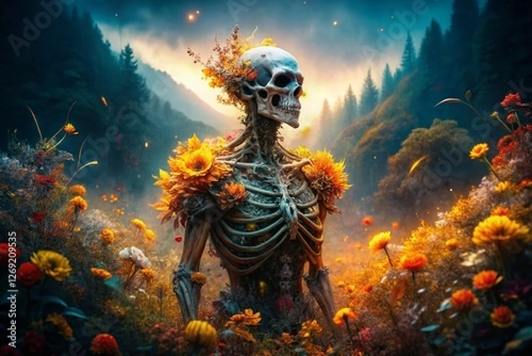 Fototapeta Spooky Floral Double Exposure: Skeleton with Autumn Bouquet in Moody Forest