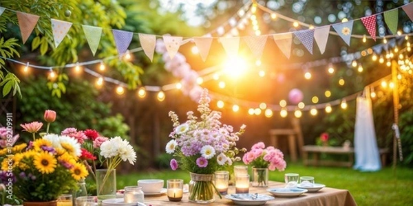 Obraz A beautiful outdoor garden party setting adorned with colorful flowers and twinkling lights for an enchanting evening.