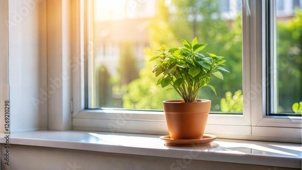 Obraz Green potted plant on a windowsill, basking in warm sunlight.