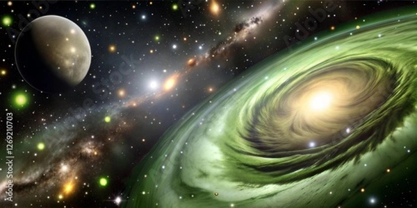 Obraz A vibrant cosmic scene showcasing a swirling green galaxy, a distant spiral galaxy, and a celestial body in the foreground.