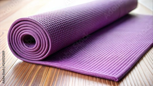 Obraz A vibrant purple yoga mat rolled out on wooden flooring, inviting relaxation and mindfulness.